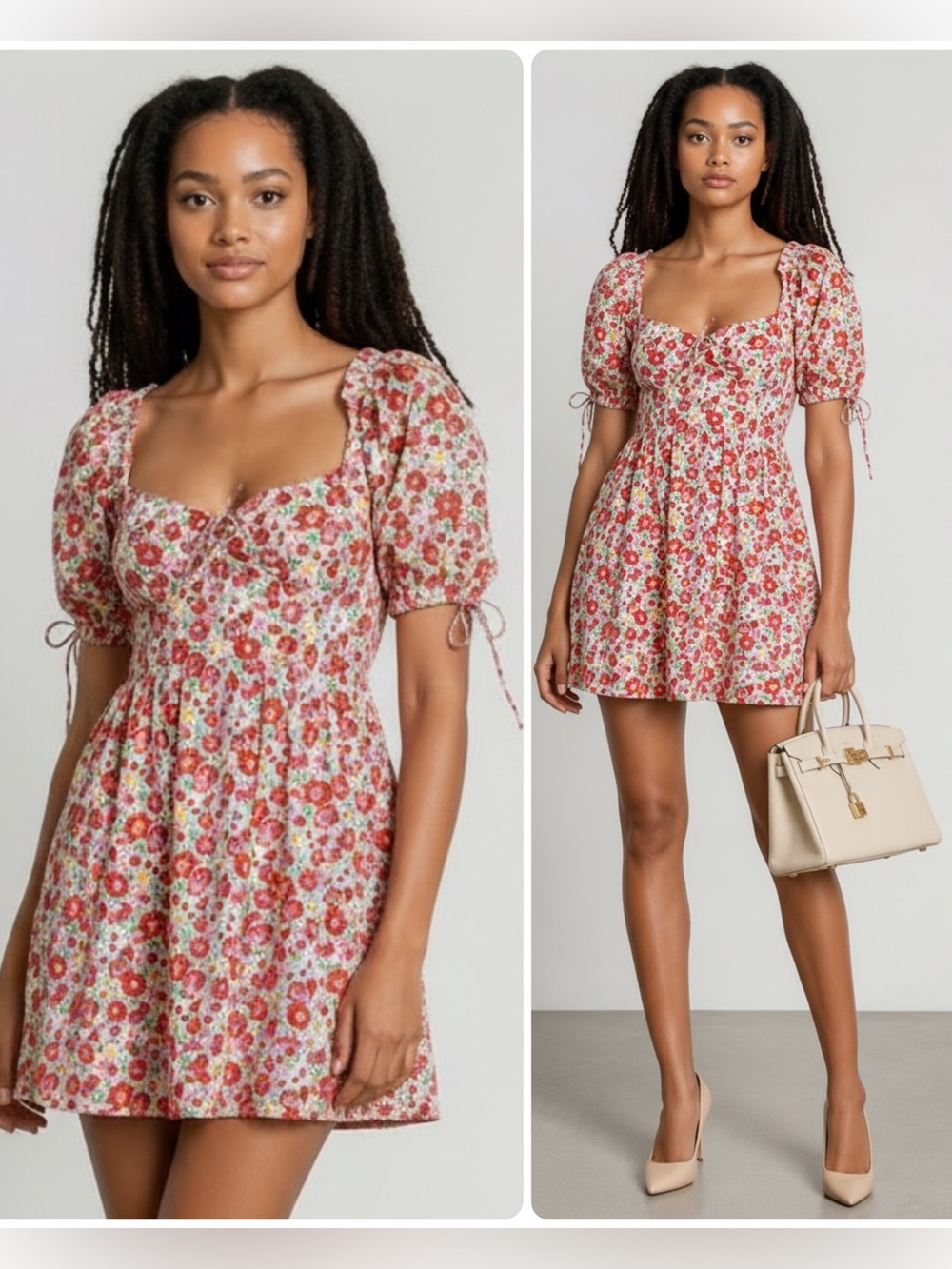 For Love & Lemons Auden Floral Puff-Sleeve Sweetheart A-Line Mini Dress NWT $259